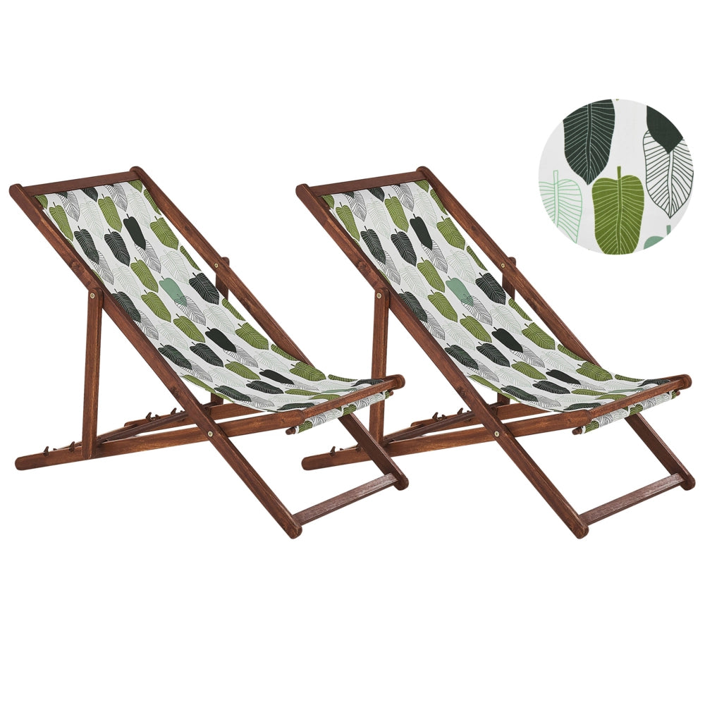 Set di 2 sedie a sdraio da giardino con struttura in legno di acacia scuro con motivo floreale in tessuto amaca sedile reclinabile