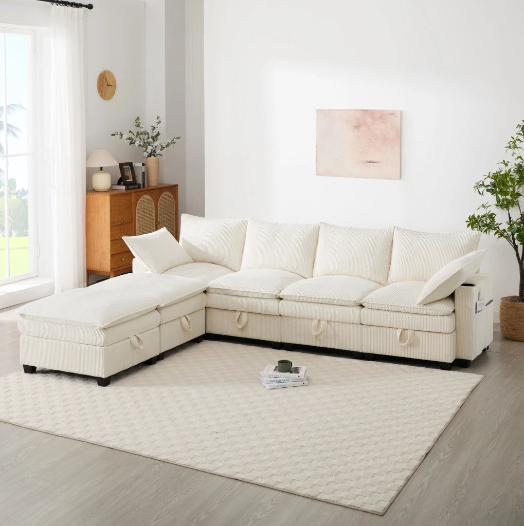 Divano modulare componibile L/U con USB; contenitore e portabicchieri; corduroy beige 280x151x82 cm