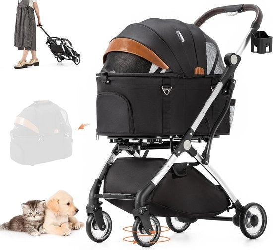 Carriolo 2-in-1 pieghevole per cani e gatti fino a 15 kg - nero con contenitore di stoccaggio