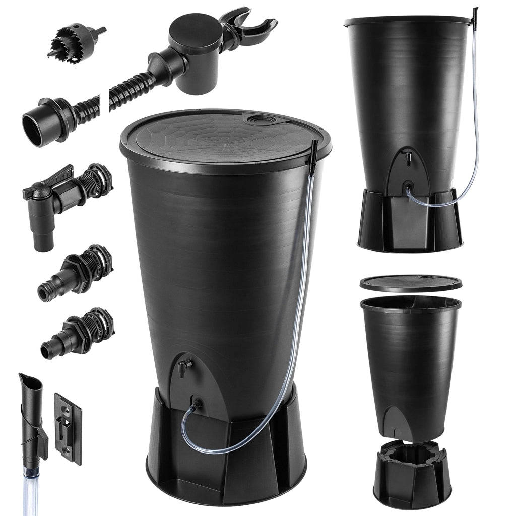 Serbatoio per acqua piovana KADAX 260L, kit di collegamento per barile d'acqua, base per rubinetto