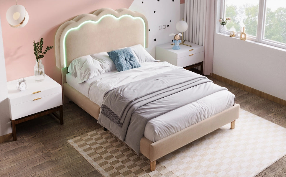 DESMIU Letto Singolo 1 Posto con LED Regolabile e Testiera Regolabile 90 × 200 cm, senza materasso, Beige
