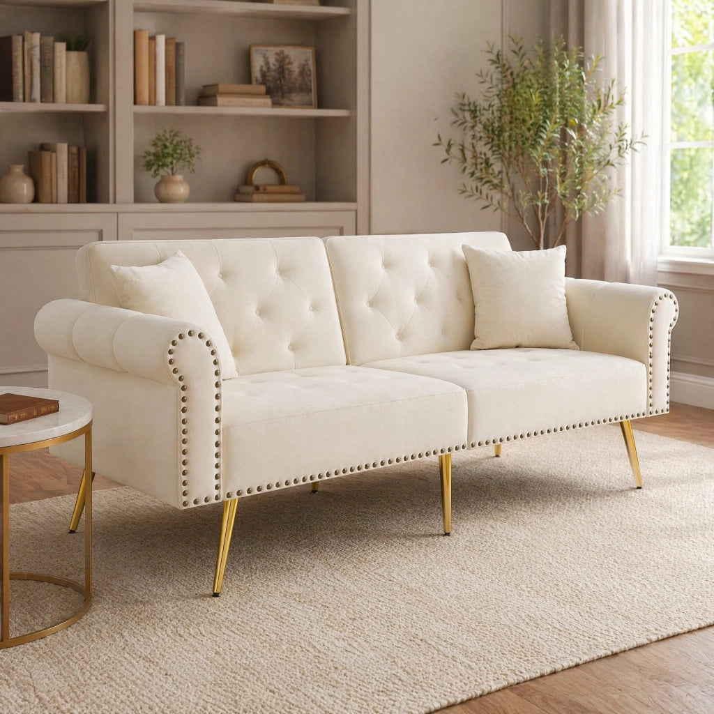 DIVANO LETTO 2 posti reclinabile 147x85 cm velluto Beige con 2 cuscini