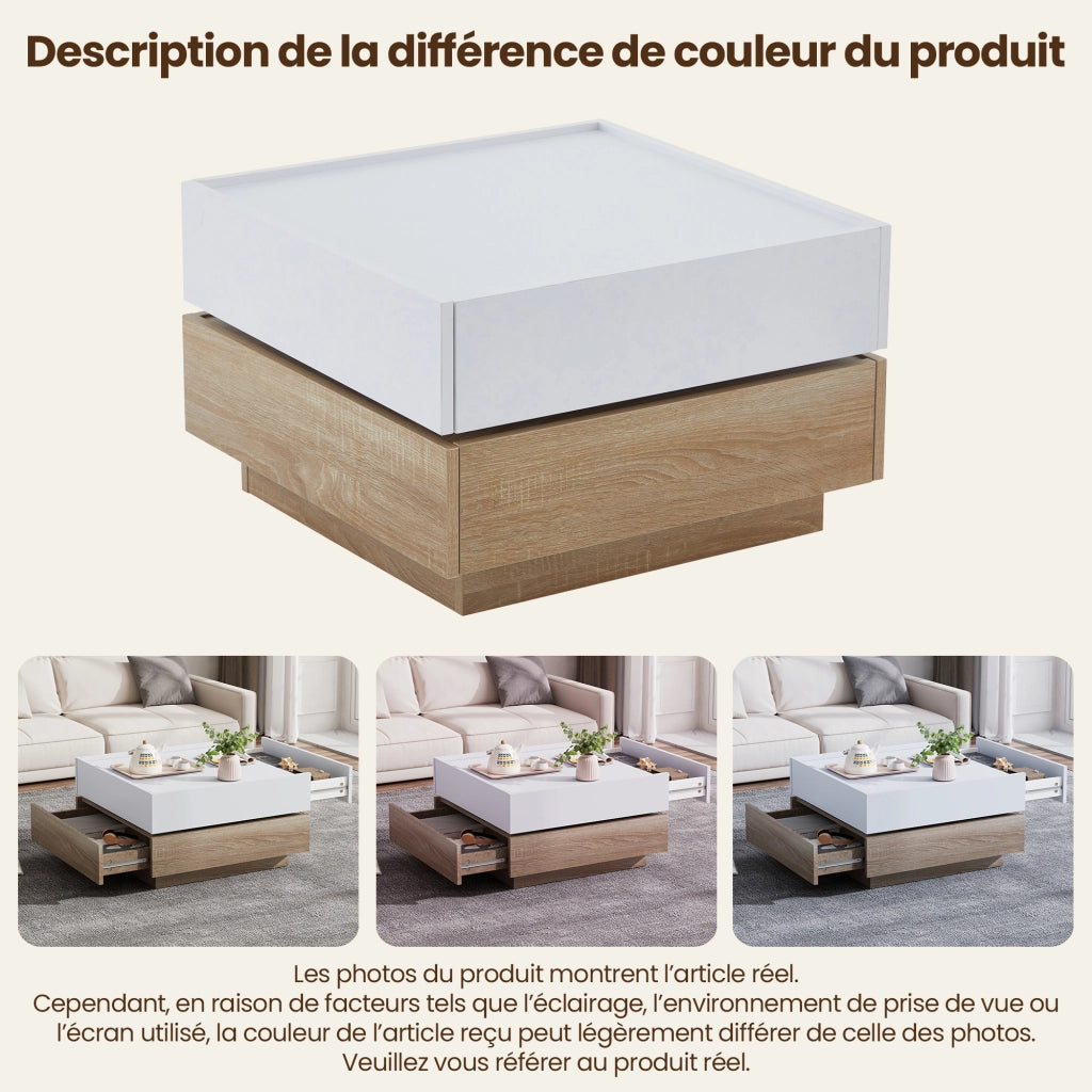 Tavolino da caffè con 2 cassetti e piano girevole 360° per soggiorno 60×60×38 cm
