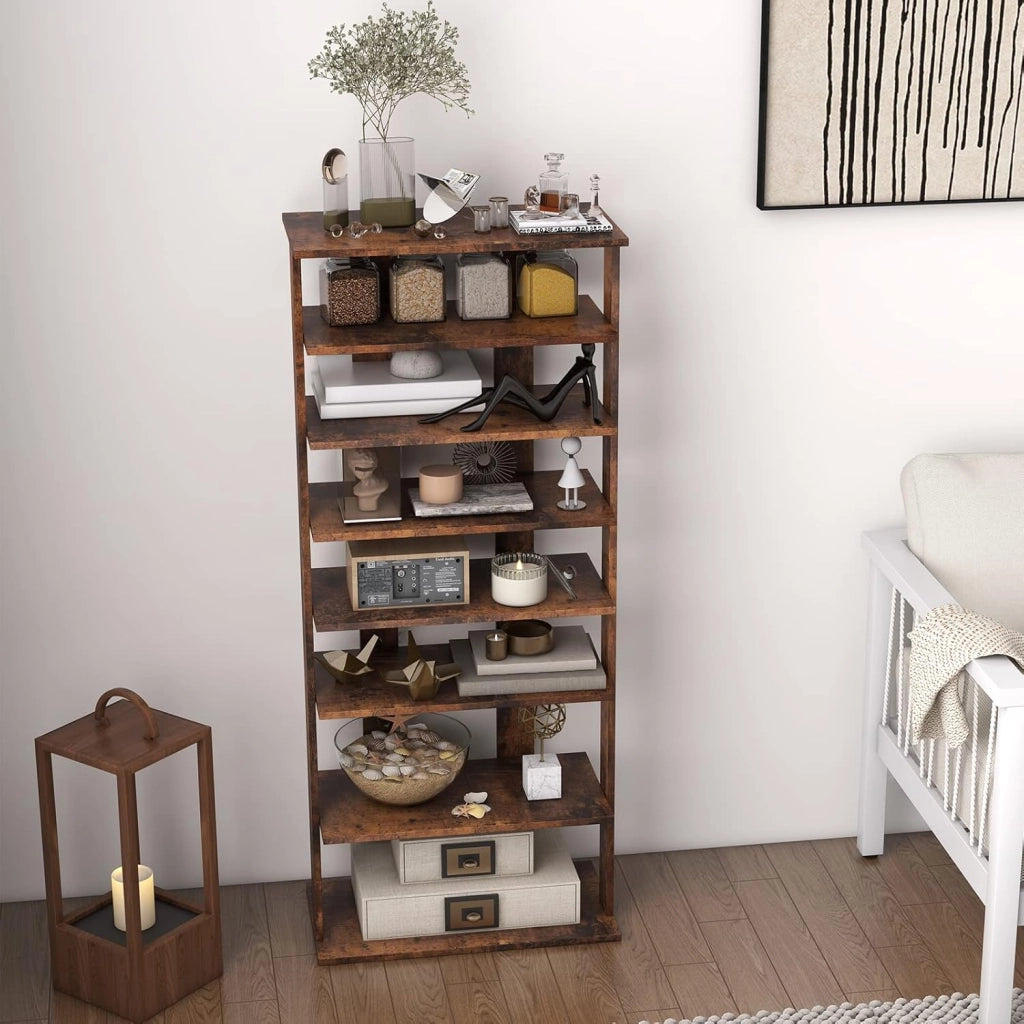 Scarpiera Verticale a 7 Livelli, Organizer per Scarpe in Stile Retrò, con Pannello Rimovibile, Scaffale per Scarpe per Corridoio Ingresso Armadio, 45x25x110 cm (Marrone)