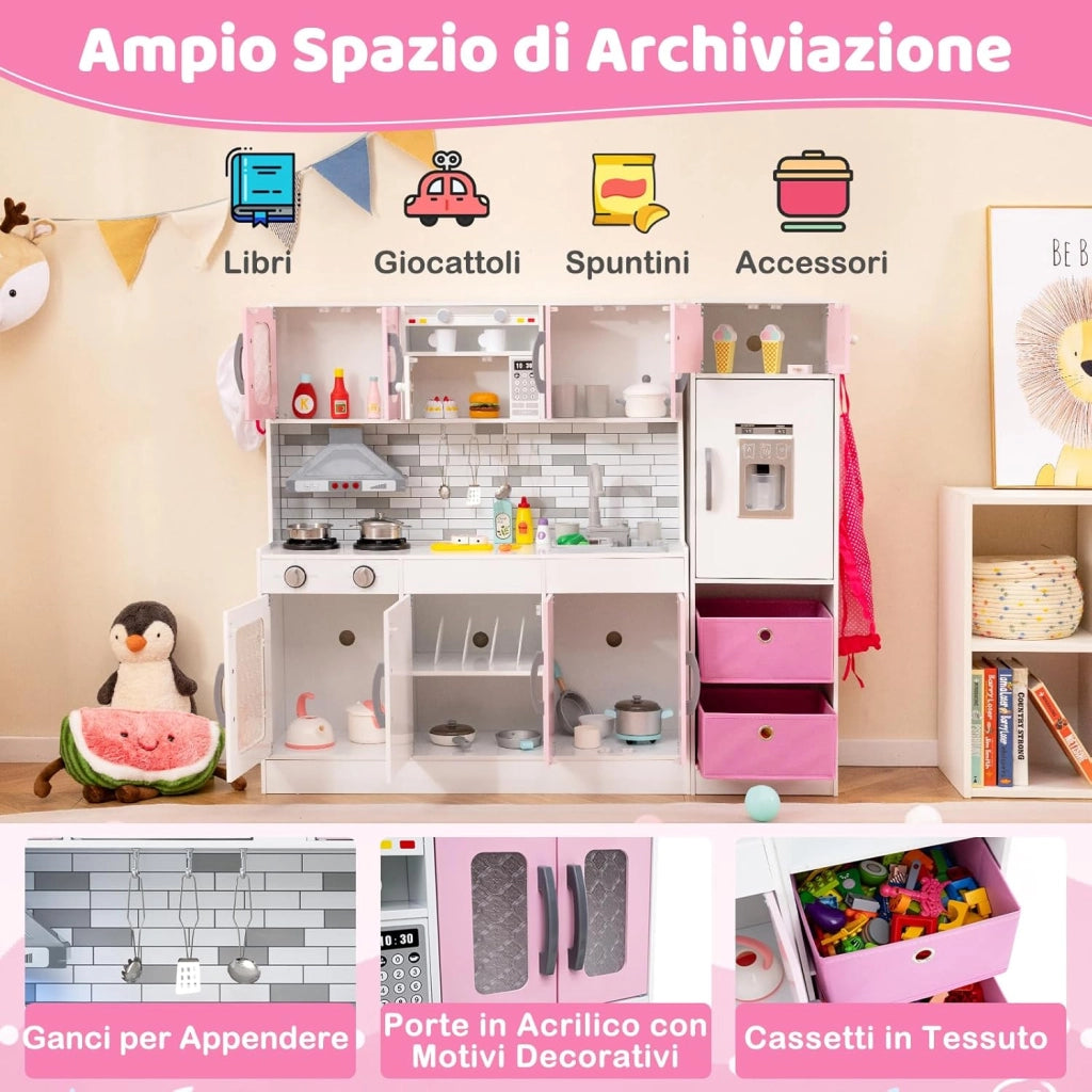Cucina Giocattolo per Bambini, Set da Cucina in Legno con Luci e Suoni, Macchina del Ghiaccio, Cappa, Fornelli, Microonde e Lavastoviglie, per Bambini 3+ Anni, 118 x 29 x 100cm (Rosa)