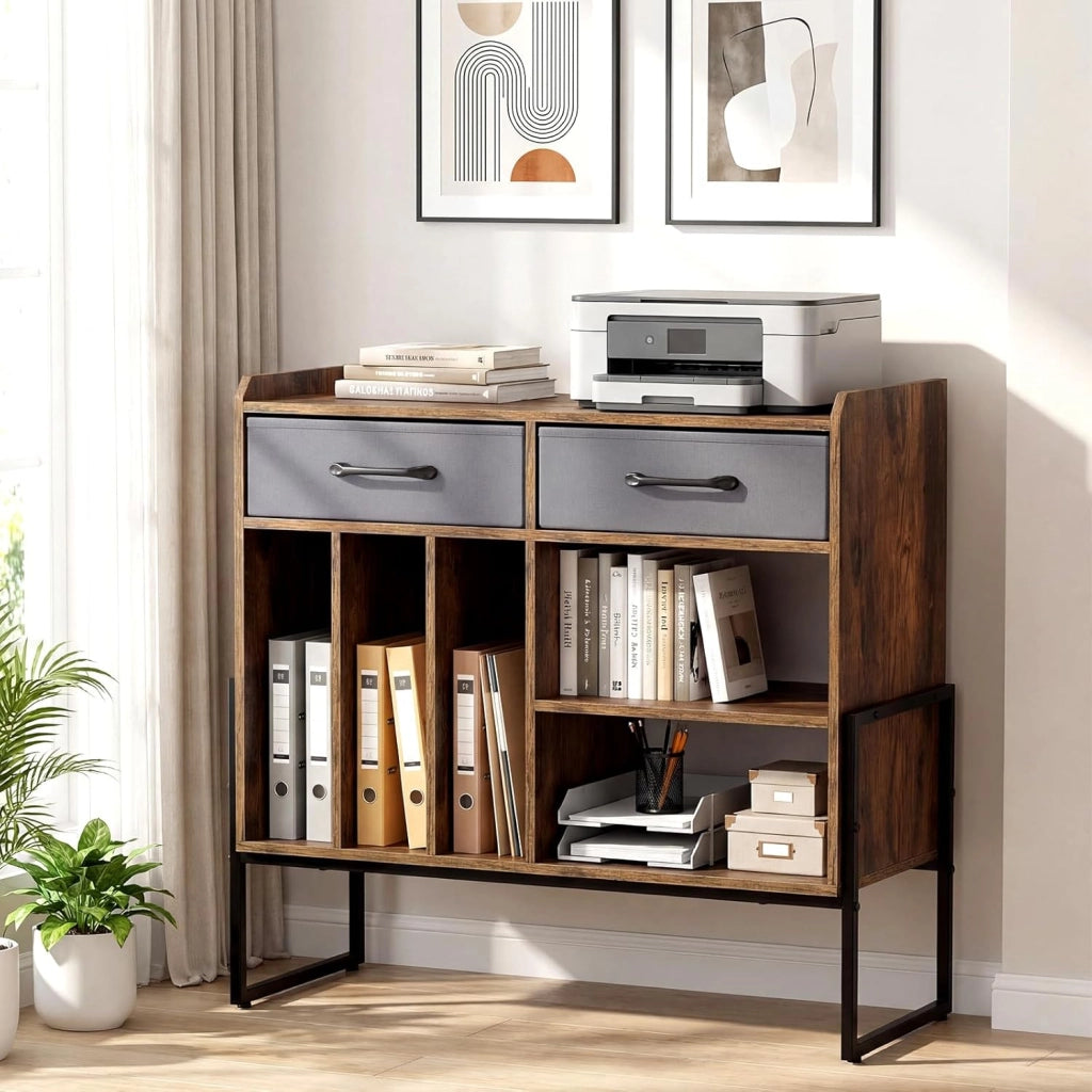 Supporto per Giradischi in Vinile, Mobile per Giradischi con Stazione di Ricarica, 2 Cassetti Rimovibili in Tessuto e Ripiano Regolabile, Supporto Porta Dischi Vinile per Soggiorno, Studio