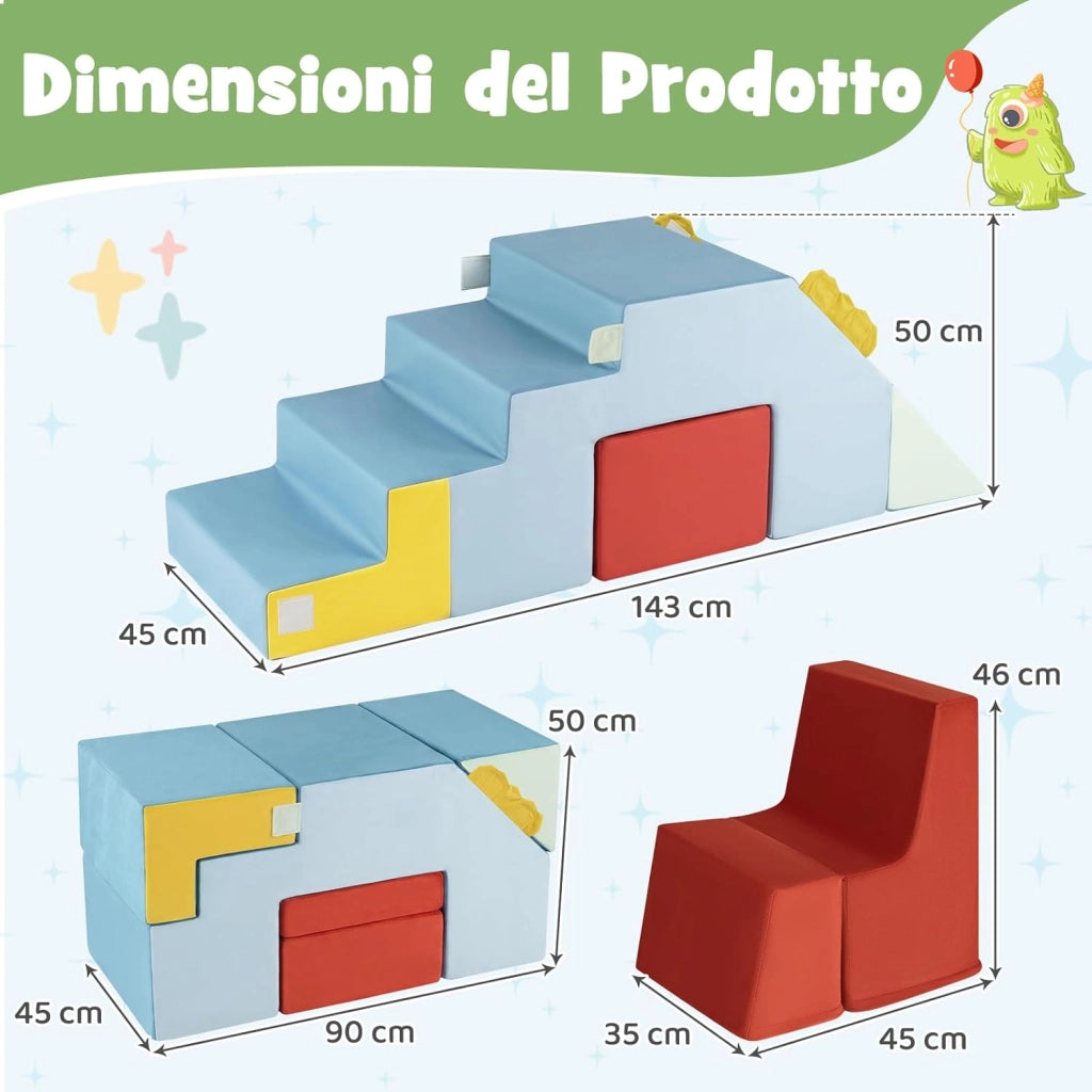 Set di 4 Blocchi da Arrampicata con Scivolo e Scale, Blocchi Morbidi in Schiuma per Gattonare, Coperture in Velluto, Set Tavolo e Sedia Convertibile per Cameretta