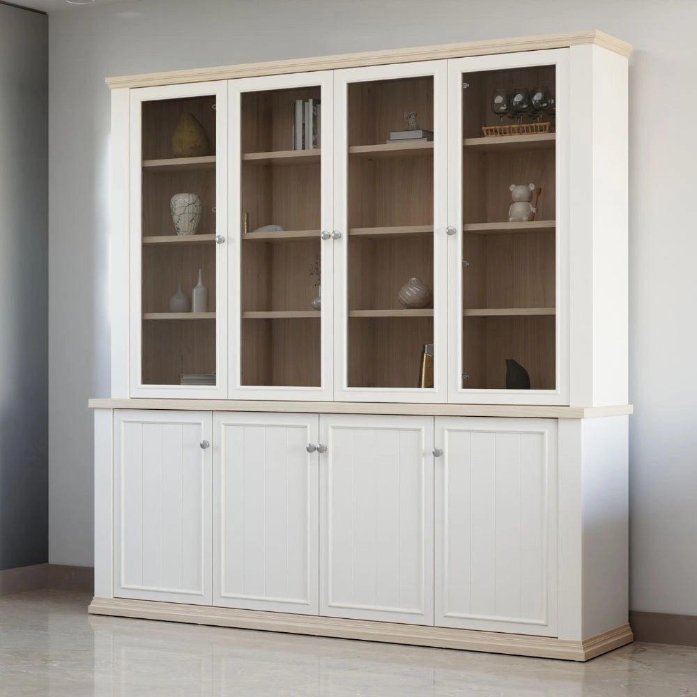 Vetrina Essenza con 4 ante a vetro e 4 ante in stile classico colore bianco e rovere