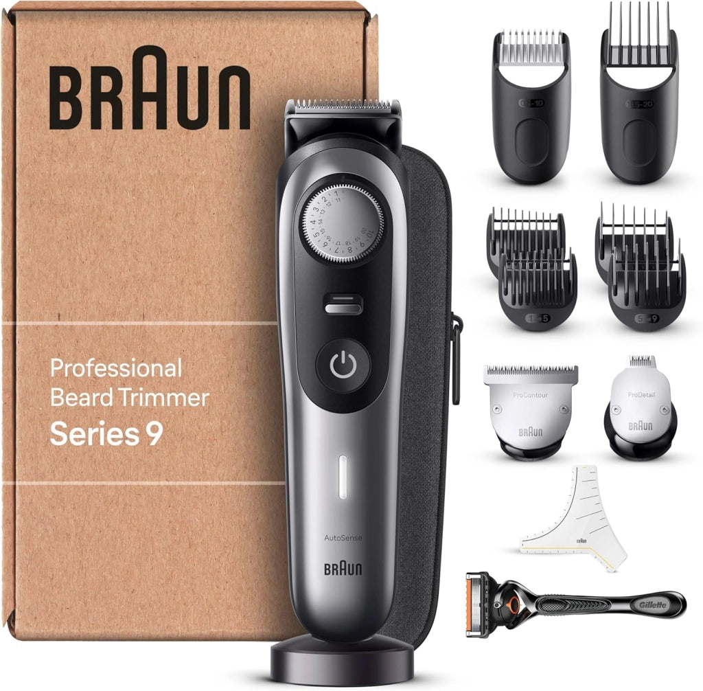 Braun Serie 9, Regolabarba Uomo, Rasoio Elettrico Barba con Lama Barba Problade e Strumenti Professionali, 40 Lunghezze, Base di Ricarica e Custodia Esclusiva, Bt9440 Grigio