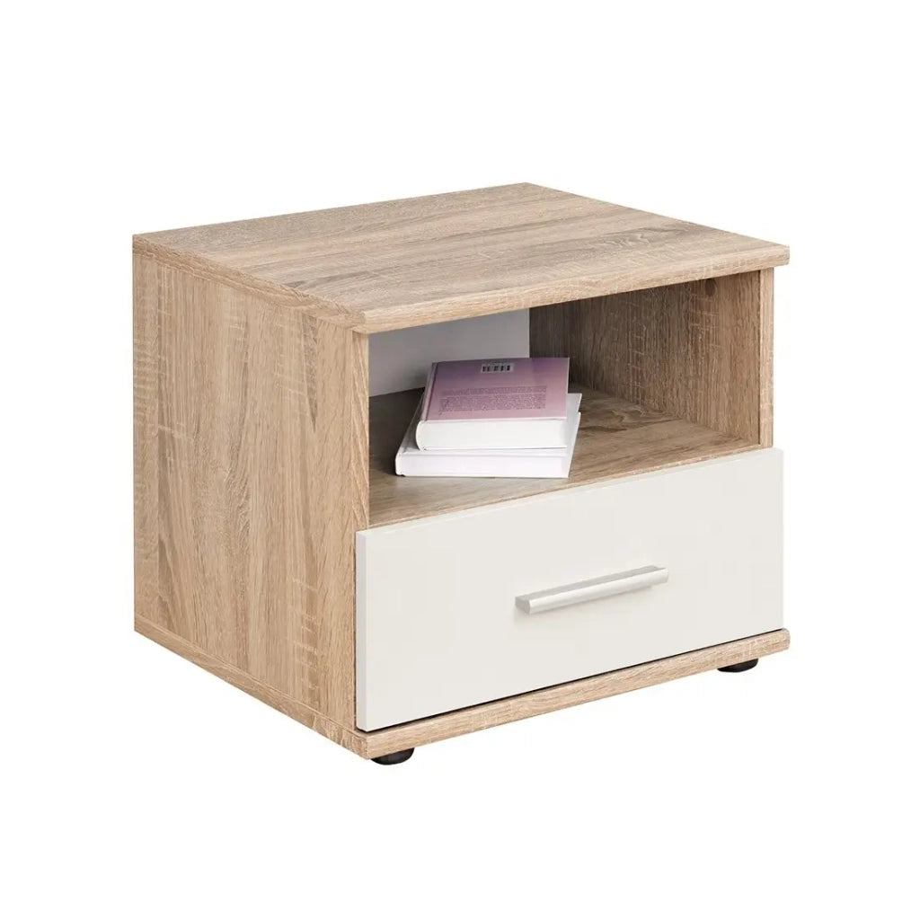 Tavolino da notte DENVER – 1 cassetto + 1 vano – Rovere chiaro e bianco – Stile scandinavo