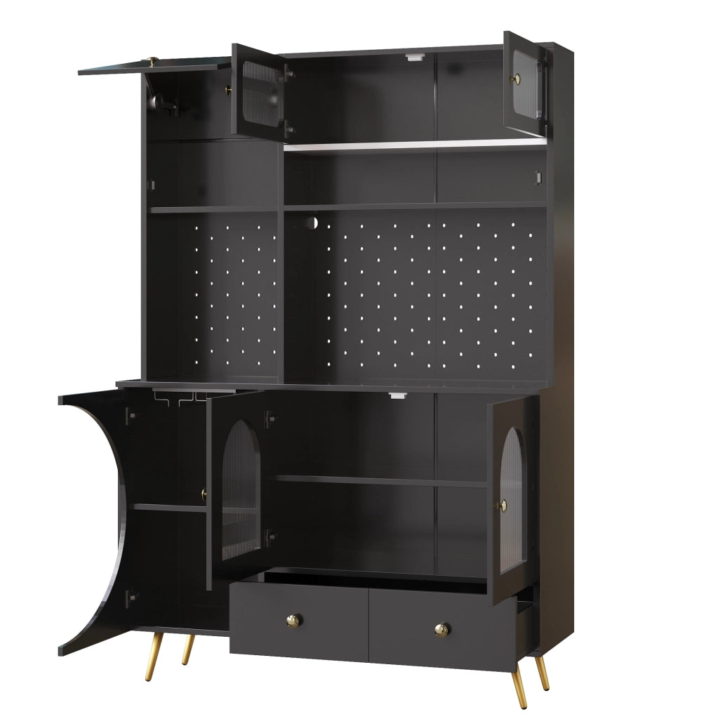 Credenza 120x40x176 cm con LED; prese USB e AC in MDF e vetro nero