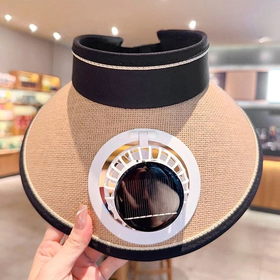 Ventilatore Solare per la Testa - Protezione UV + Ricaricabile via USB - 3 Posizioni di Ventilazione - Cappello Respirante per l'Estate - Uomo/Donna - Misura Regolabile - Marrone