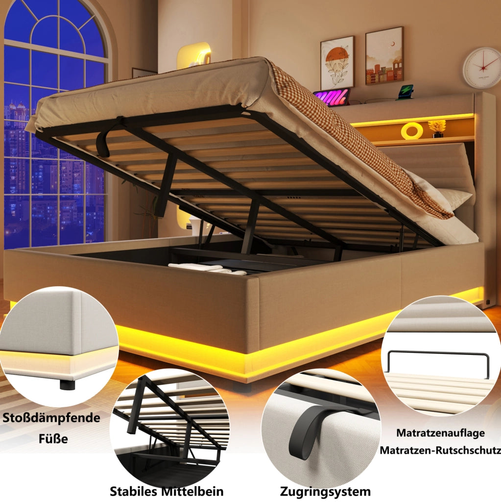 Letto imbottito con contenitore, LED e ricarica USB-C, 140 x 200 cm