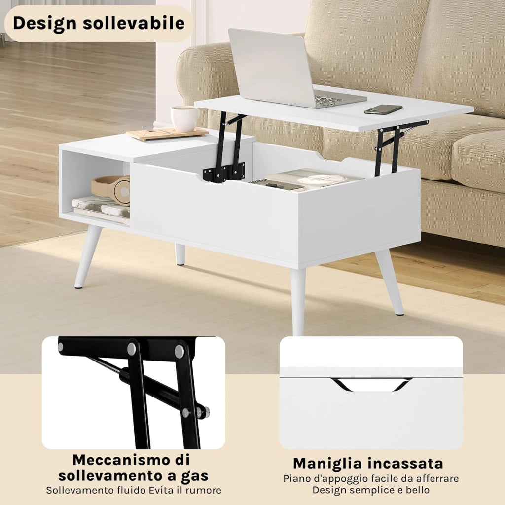 Tavolino da Caffè Sollevabile e Allungabile, Tavolo con Spazio Interno e Scomparto Aperto, Tavolino da Salotto per Soggiorno, 100x50x(43-57) cm, Bianco, BTS26ws