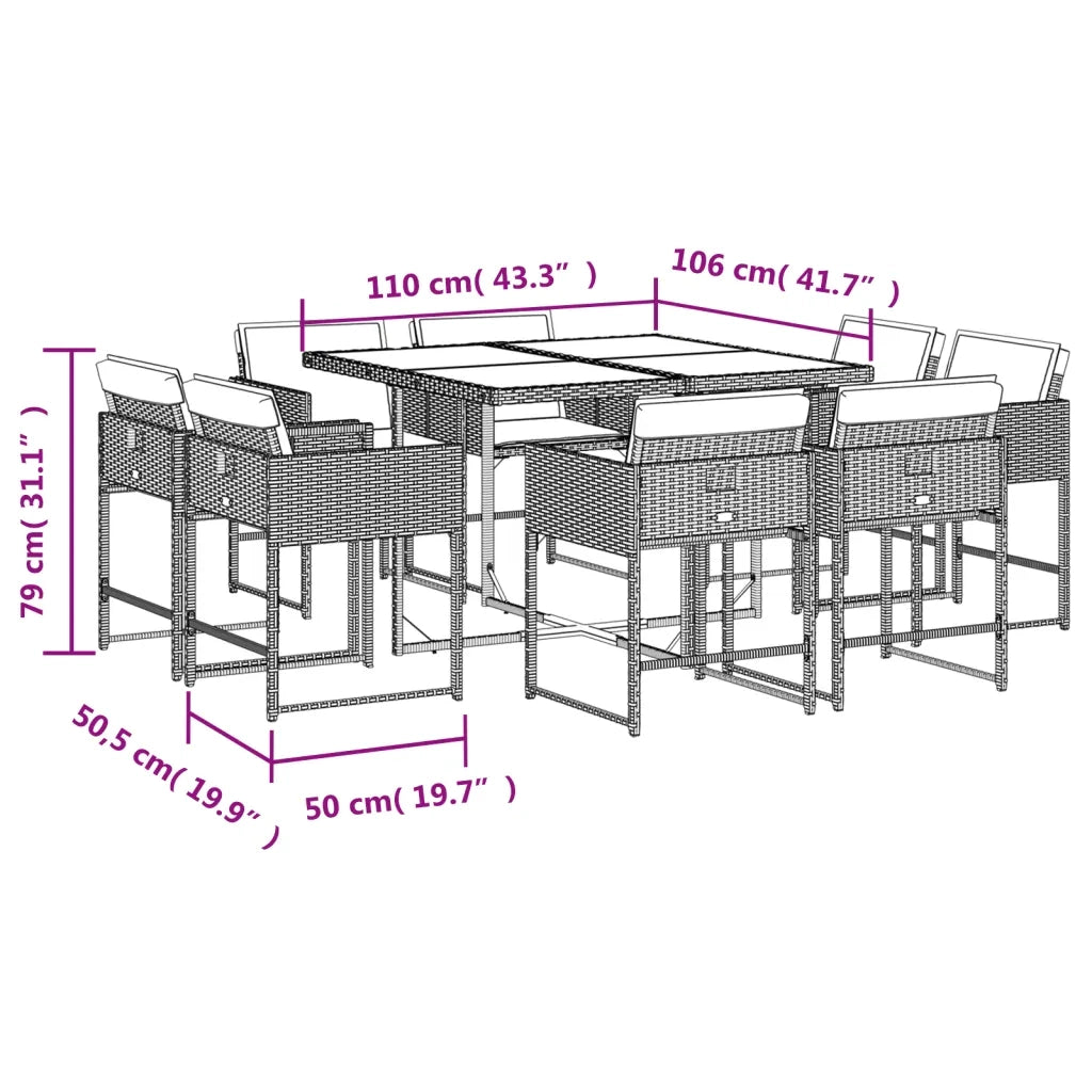Set da Pranzo da Giardino 9 pz con Cuscini Nero in Polyrattan 3278141