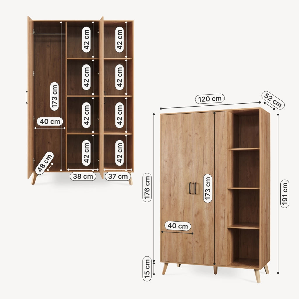 Armadio Guardaroba Norg con 2 Ante e 8 Scomparti 191x120x52 cm - Effetto Rovere [en.casa]
