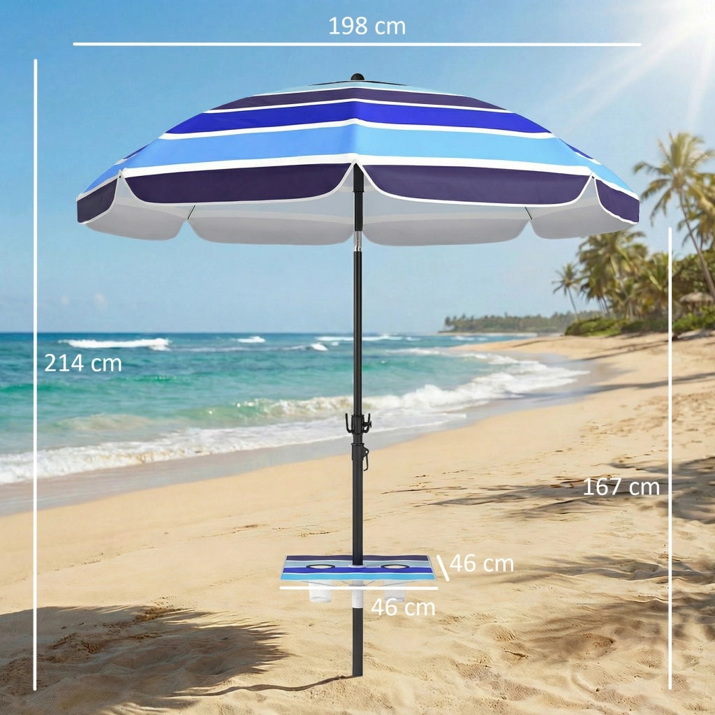 Ombrellone da Spiaggia Ø198x214 cm con Tavolino e Portabicchieri in Metallo e Poliestere Multicolore Blu