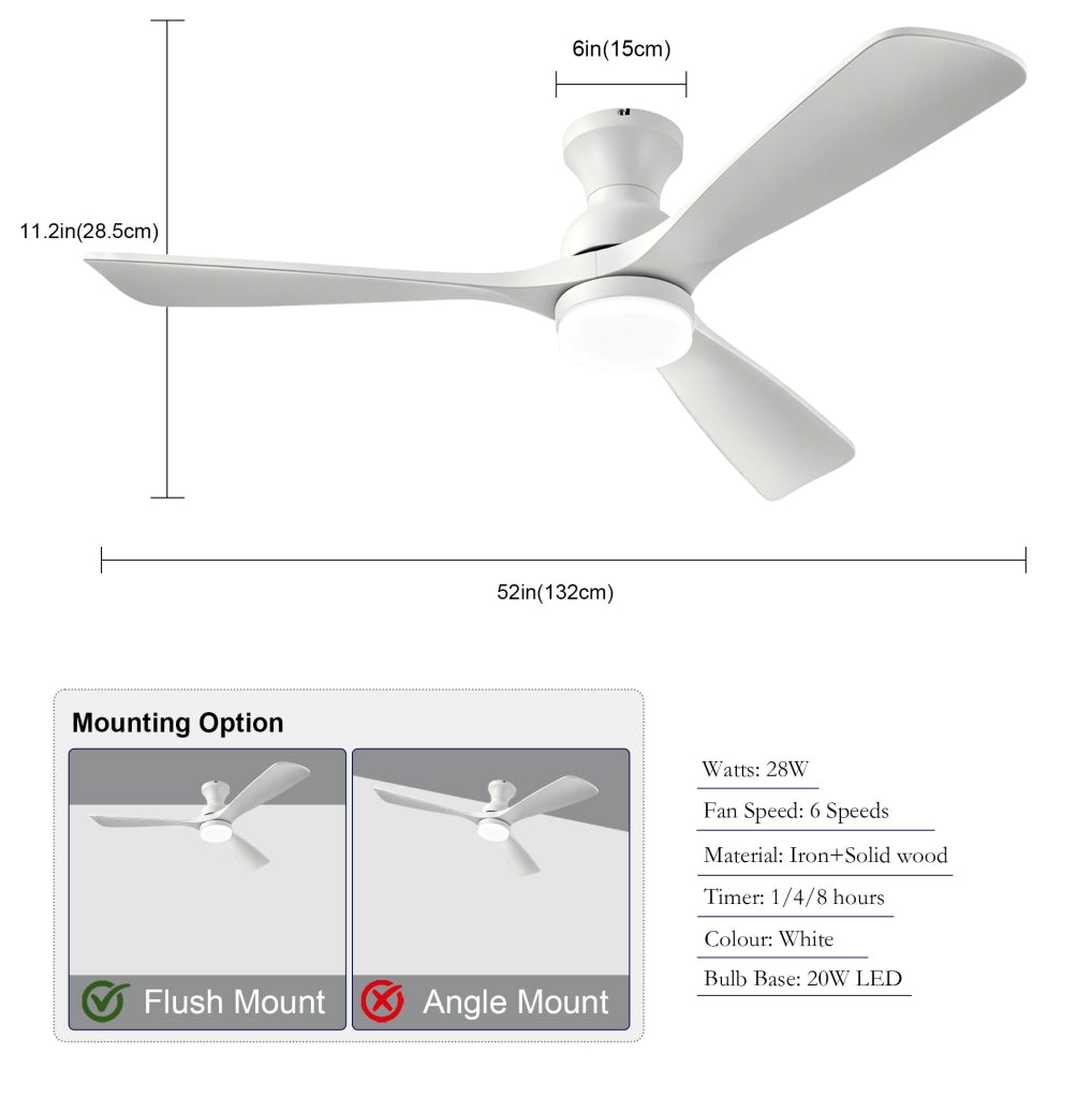 Ventilatore da soffitto bianco 52 pollici con luce LED; 3 pale in legno; telecomando