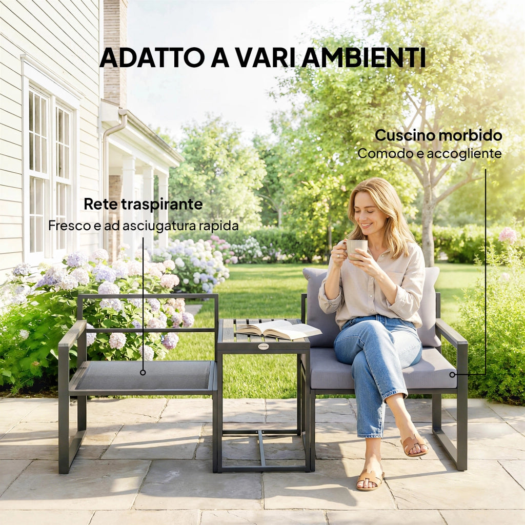 Set da Esterno 3pz con Tavolo da Giardino e 2 Sedie con Seduta in Texteline e Cuscini, Grigio