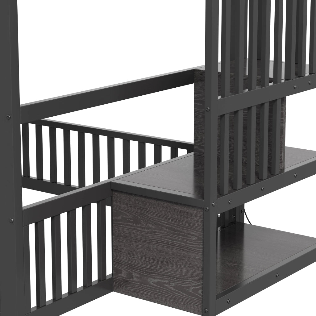 Letto a Castello 140x200 cm; 2 Posti - LED Regolabile; Scala con Contenitore - Nero