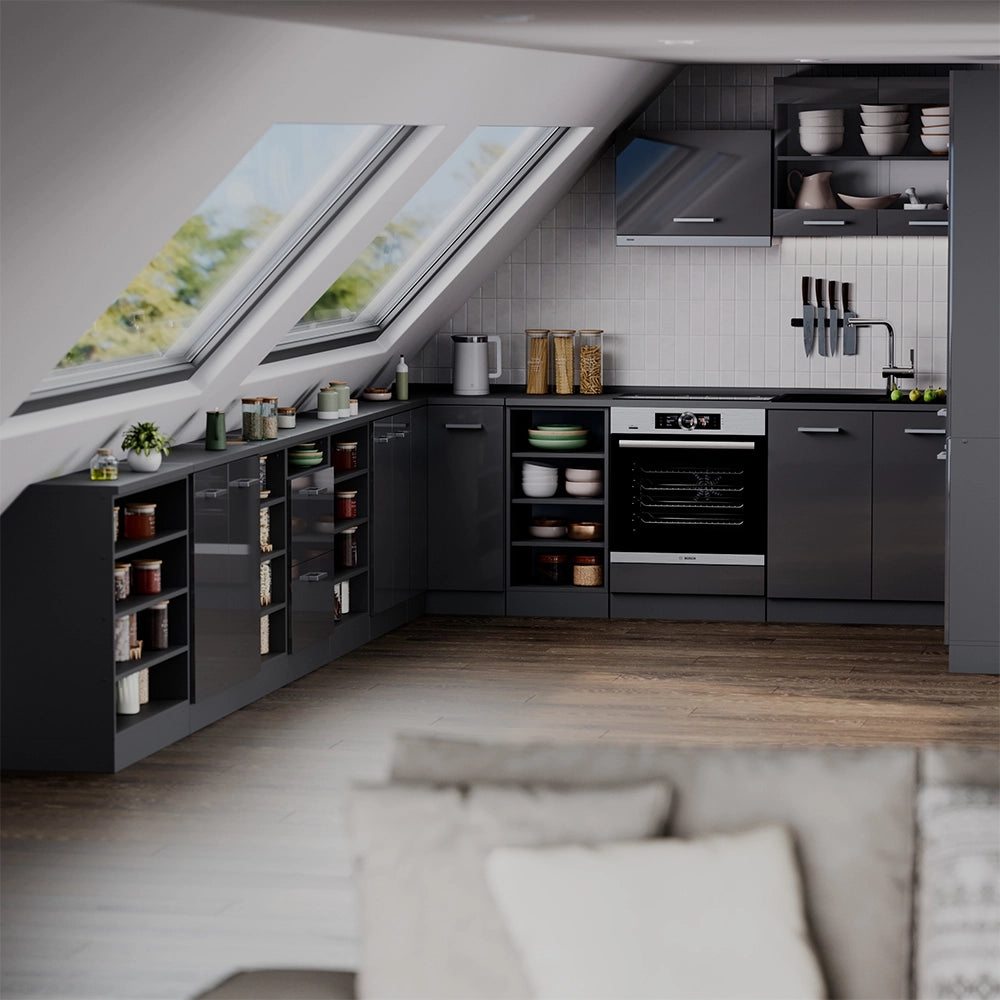 Mobile cucina sottotetto R-Line Antracite lucido/Antracite 60 cm con 2 porte, carcassa 60 cm profondità Vicco