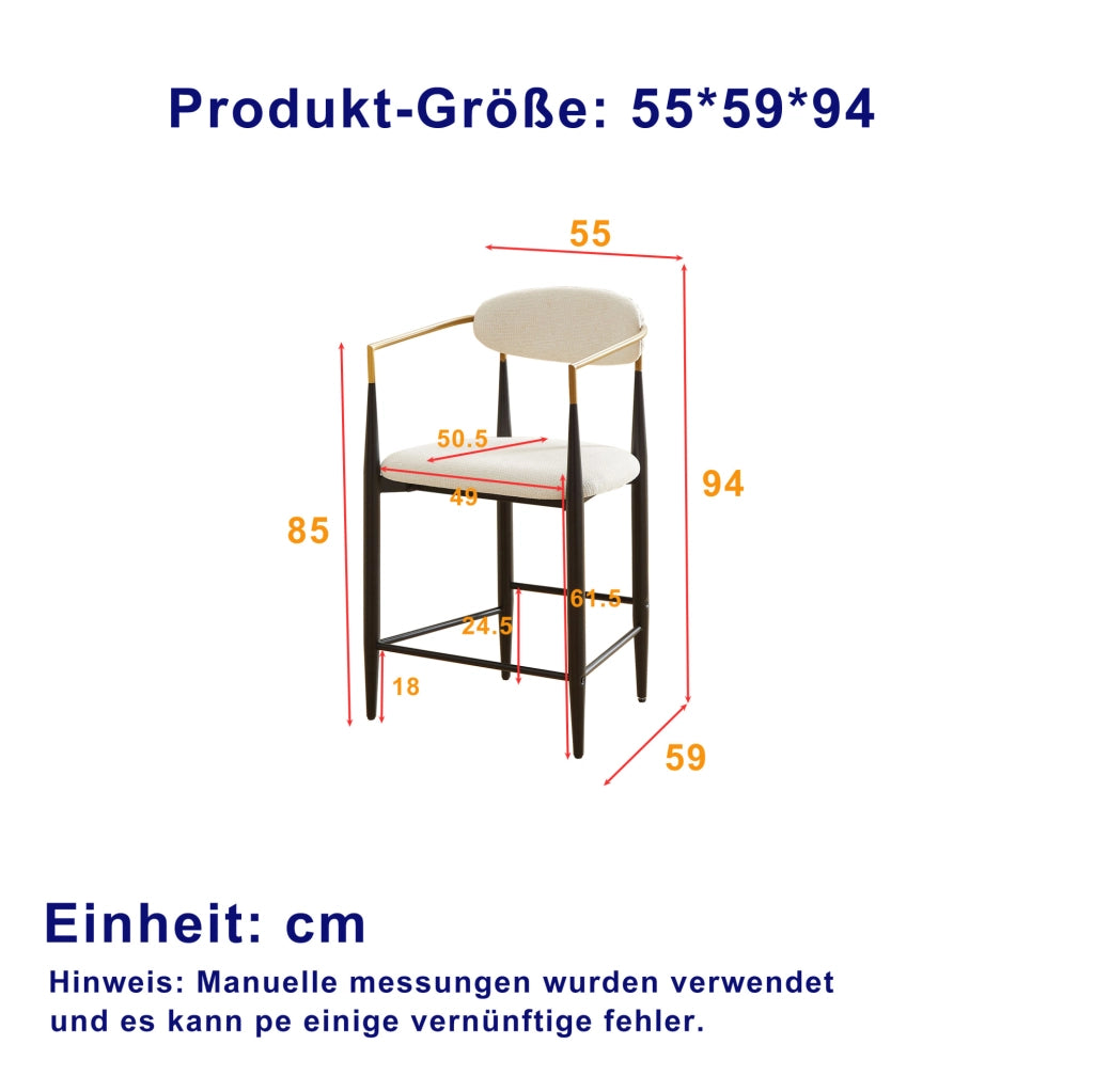 Set da 2 sgabelli da bar con braccioli, struttura in metallo nero e seduta in tessuto beige
