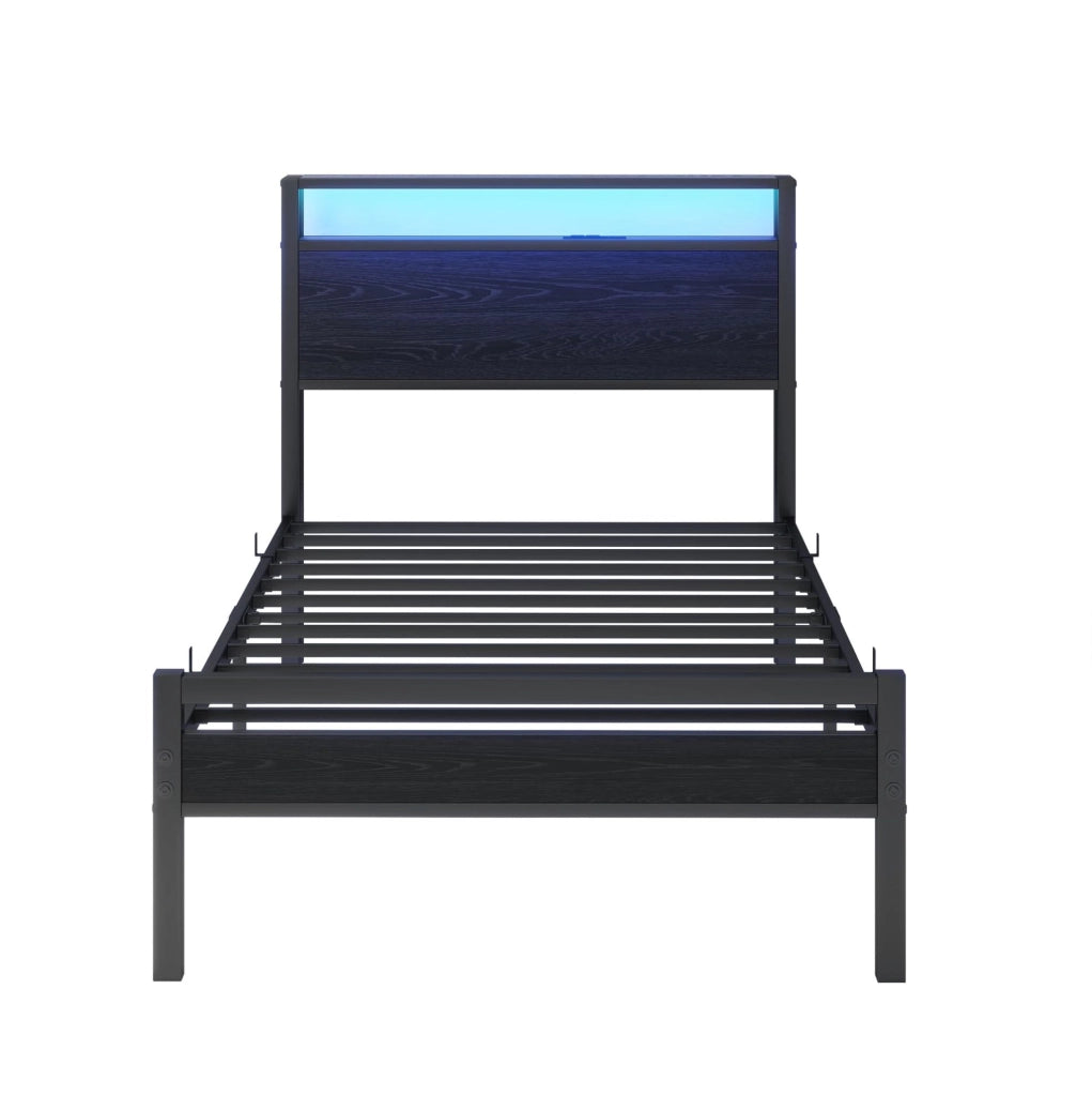 Letto singolo 90x200 in metallo e MDF con testiera a 2 vani; USB e presa; nero