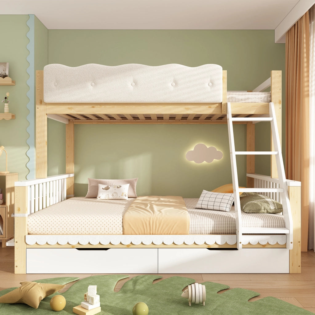 Letto a castello 90×200 cm e 140×200 cm con scala; cassetti e portariviste; senza materasso; legno; bianco e rovere