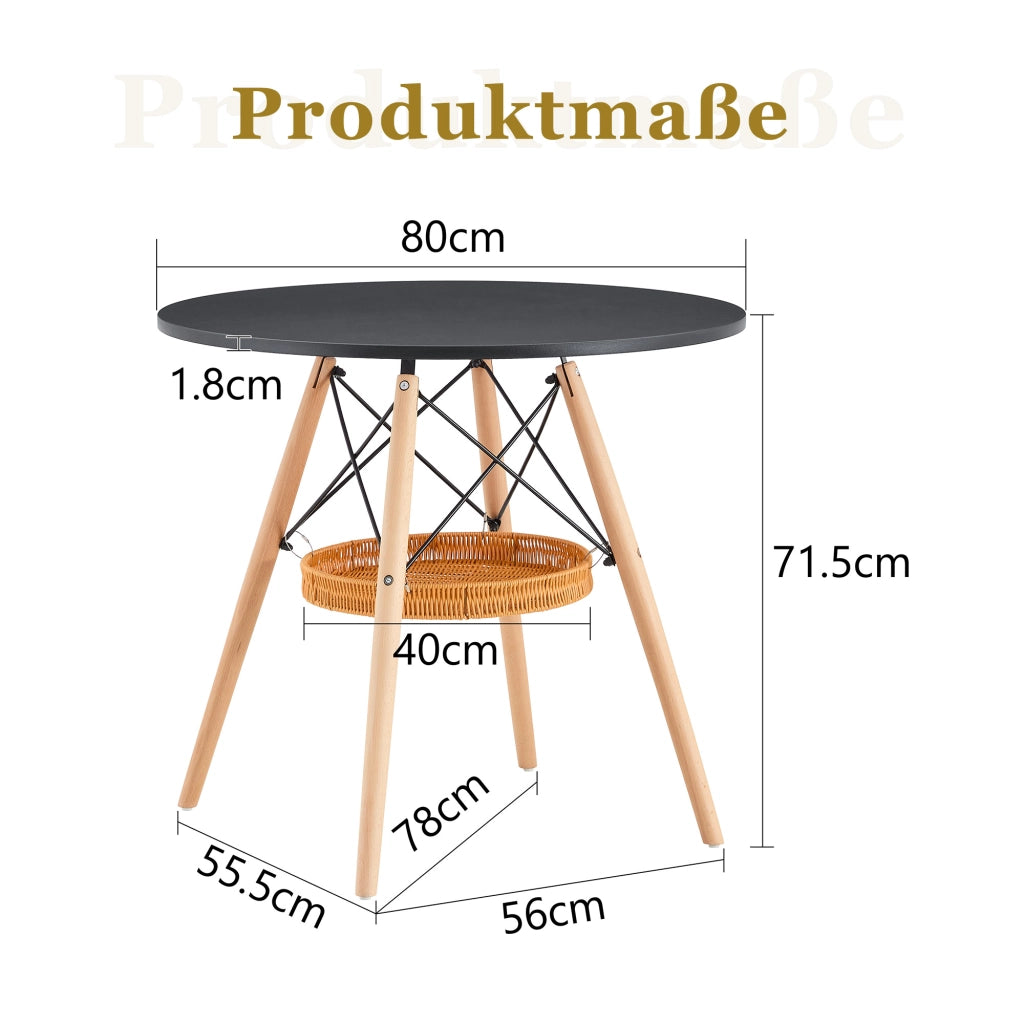 Tavolo da pranzo rotondo Ø80 cm MDF nero gambe in legno massello cesto intrecciato sospeso
