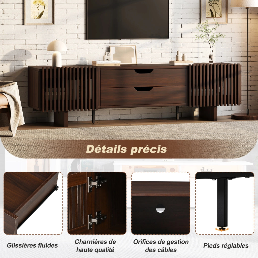 Mobile TV con 2 cassetti e 2 ante a lamelle - 180x40x45 cm - in MDF - noce scuro
