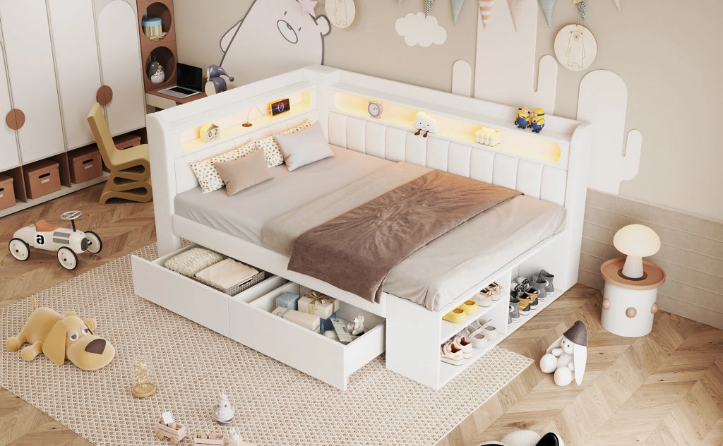 Letto pieghevole imbottito 90x200 cm con LED, USB, due cassetti e scarpiera bianco