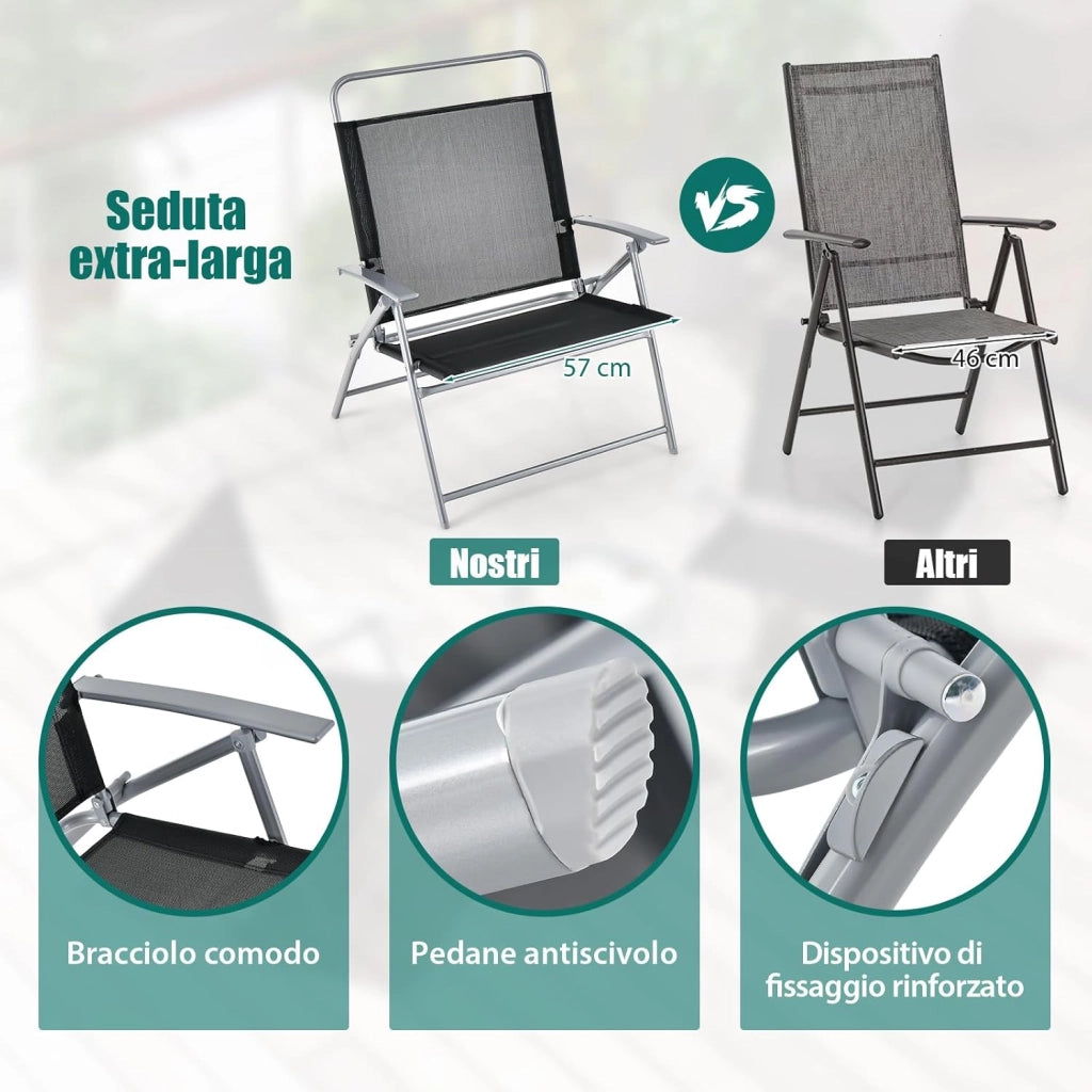 Set Tavolo e Sedie da Giardino Pieghevoli, Set Mobili da Esterno 3 Pezzi con Sedia in Textilene e Tavolino Rotondo in Vetro Temperato, Salottino da Giardino Balcone Bistrò