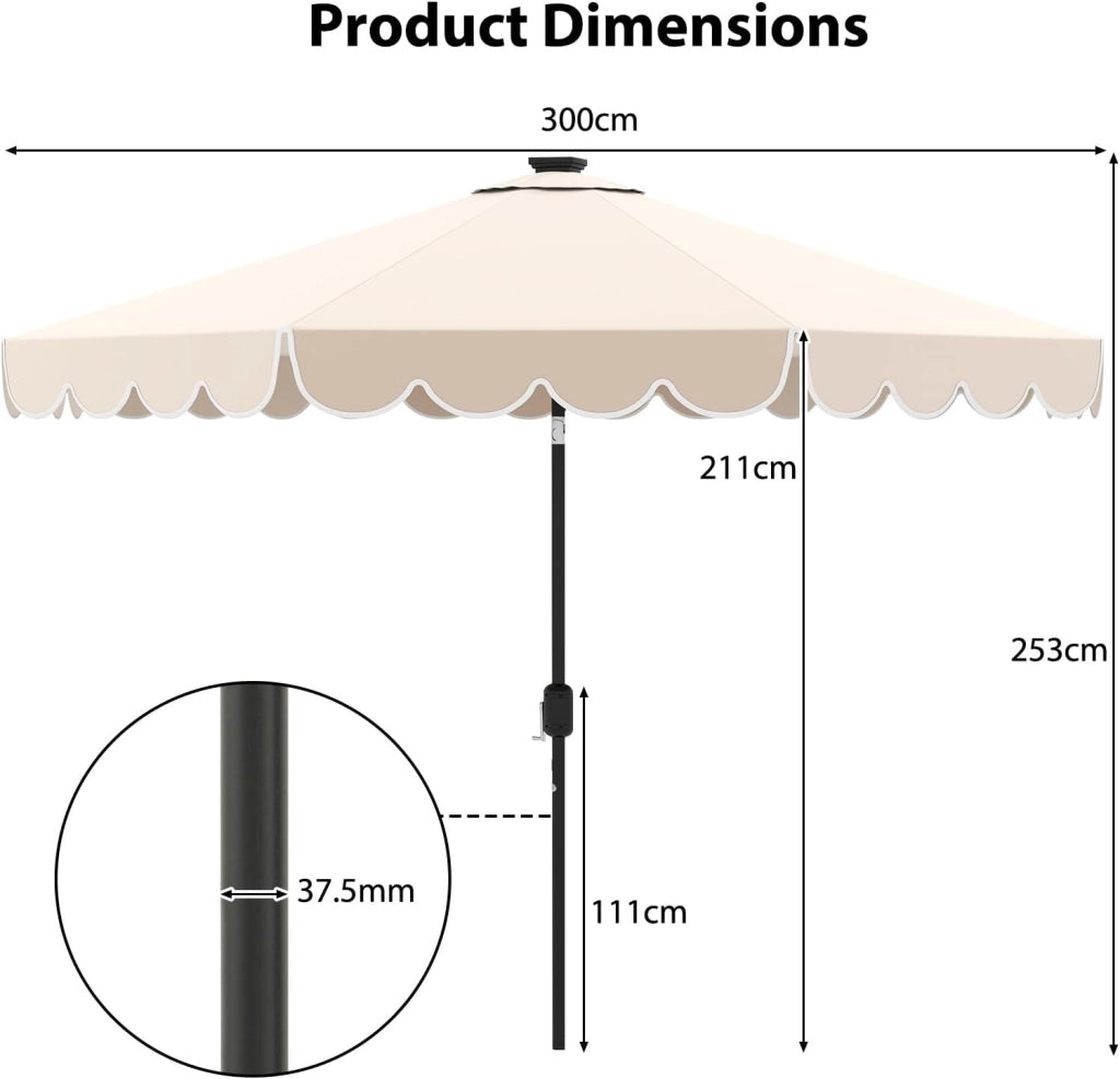 Ombrellone da Giardino Ø 300 cm con 24 Luci a LED, Apertura a Manovella, Inclinazione Regolabile a 35°, Ombrellone da Esterno per Terrazza, Spiaggia, Balcone, Anti UV, Senza Base