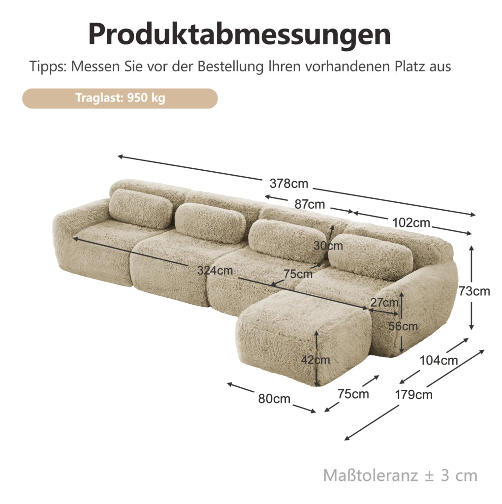 Divano modulare angolare 4 posti 378x179x73 cm in tessuto peluche; light khaki