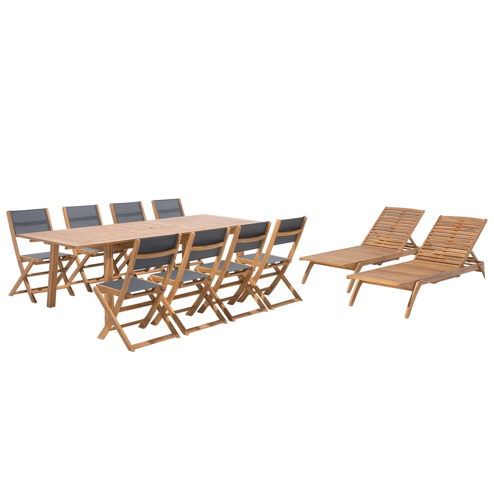 Set da pranzo da giardino in marrone chiaro acacia tavolo rettangolare 8 posti 2 lettini 11 pezzi