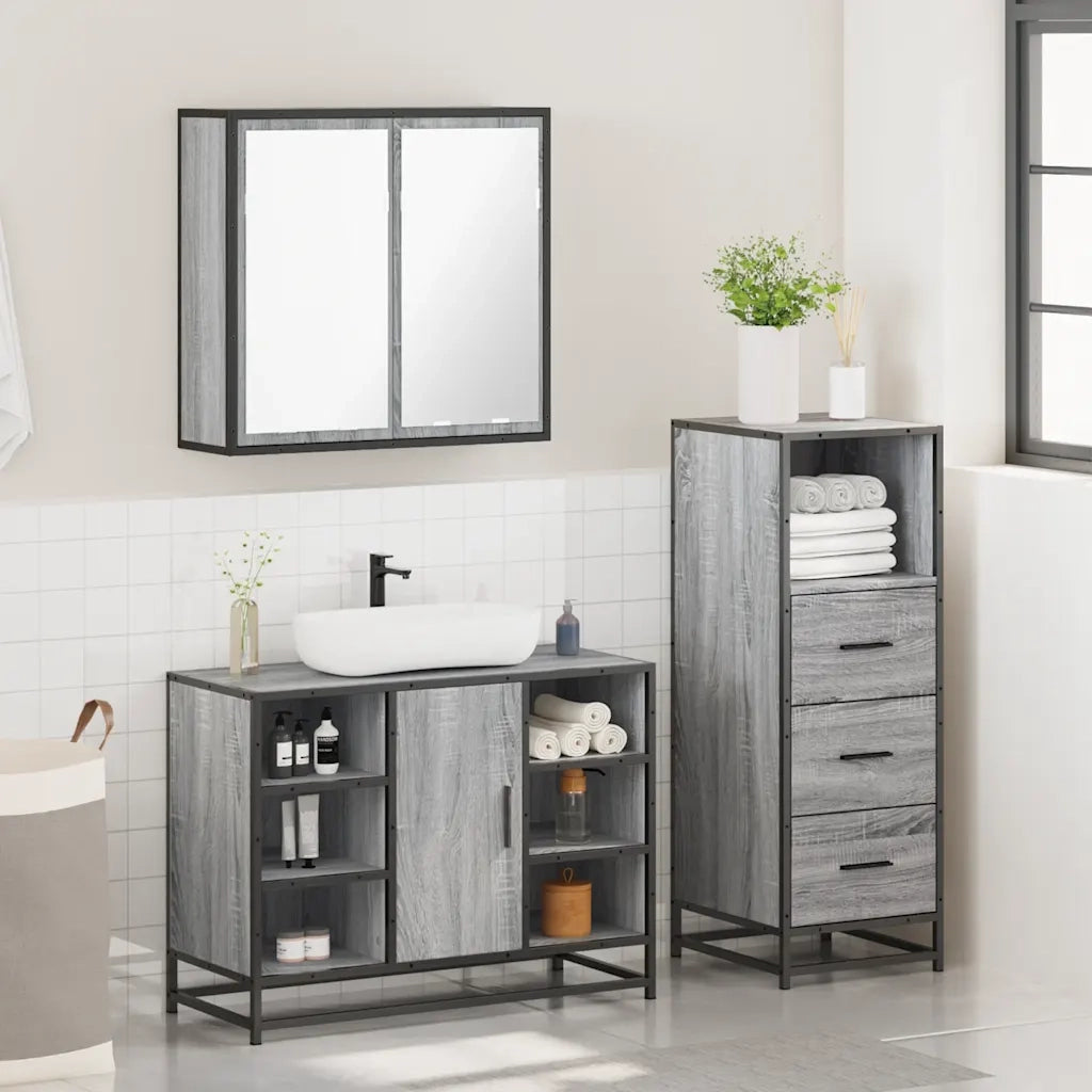 Set Mobili da Bagno 3 pz Grigio Sonoma in Legno Multistrato