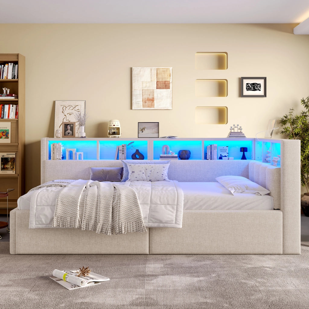 Tagesbett con funzione di stoccaggio idraulica in lino beige 90x200 cm