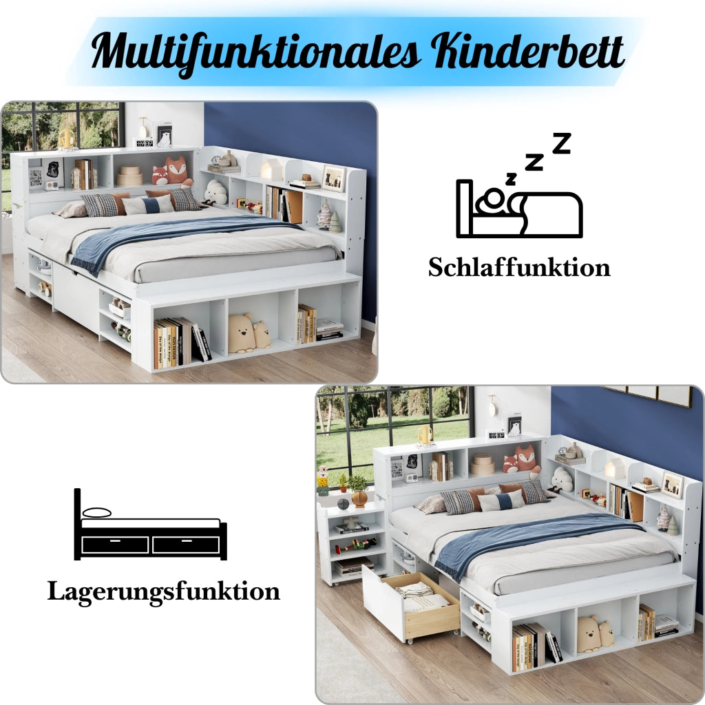 OKWISH Letto Bambini 140×200 cm, Letto Singolo con 1 Cassetto, Libreria e Armadietti, senza Materasso, in Multistrato, Bianco