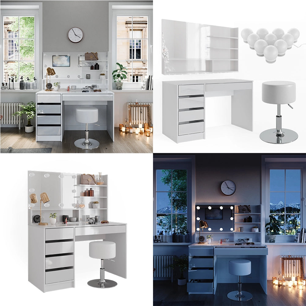 Vicco Tavolo da toeletta Bianco 120 cm con illuminazione a LED, sgabello e ripiano a specchio