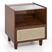 Comodino in bambù e rattan 43 x 35 x 50 cm con funzionale vano portaoggetti nascosto stile bohémien in vetro temperato marrone 20_0013934