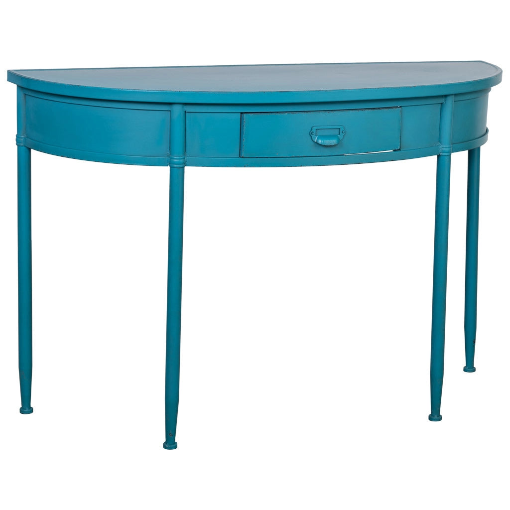 Console in metallo con 1 cassetto blu invecchiato 120x44x80