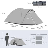 Tenda da Campeggio 2 Posti Impermeabile con Vestibolo, Finestre e Porte con Cerniera, 325x183x130cm Grigio
