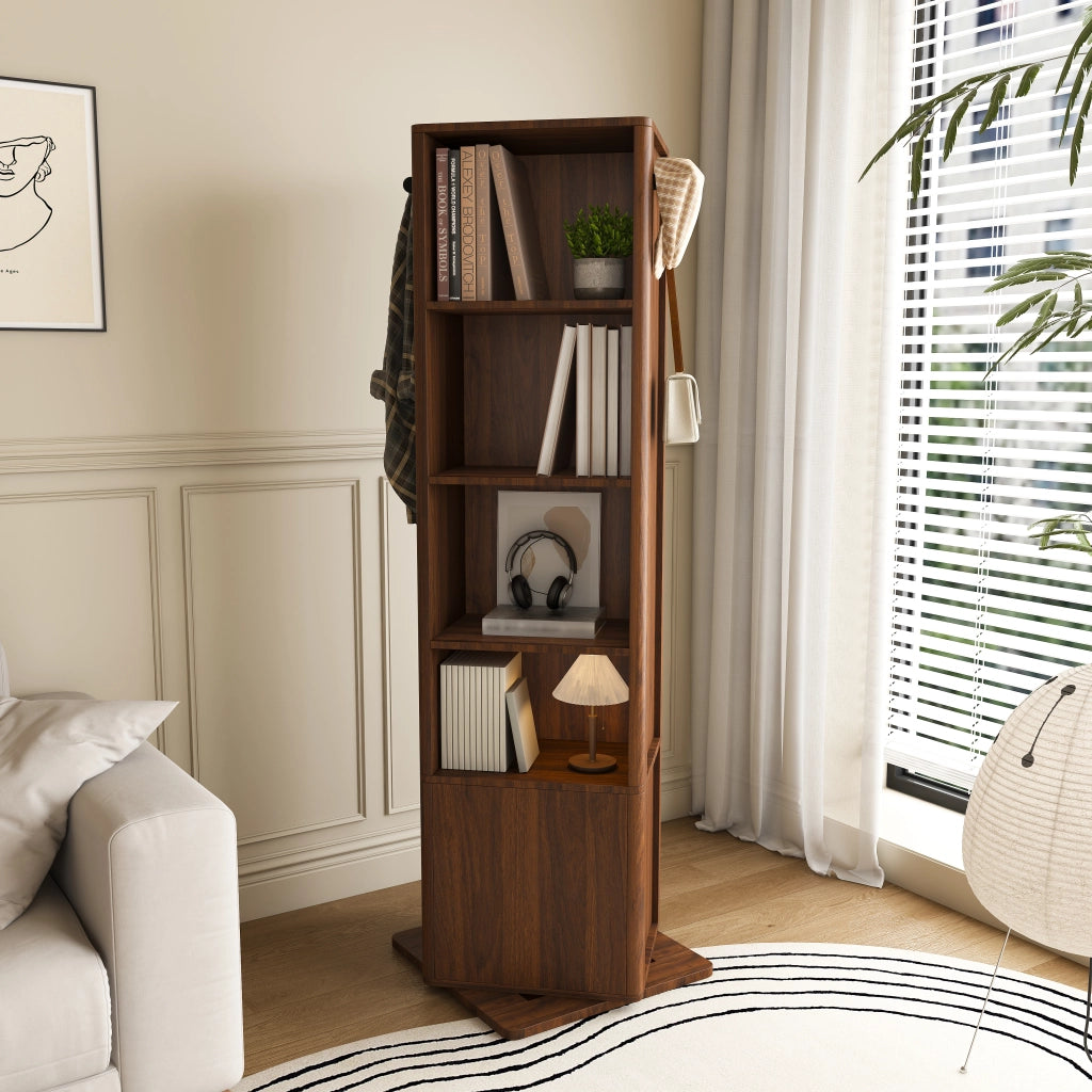 Mobile con specchio 4 in 1 girevole a 360 gradi con 6 ganci e ripiani aperti per camera da letto; in MDF; noce; 50×50×170 cm