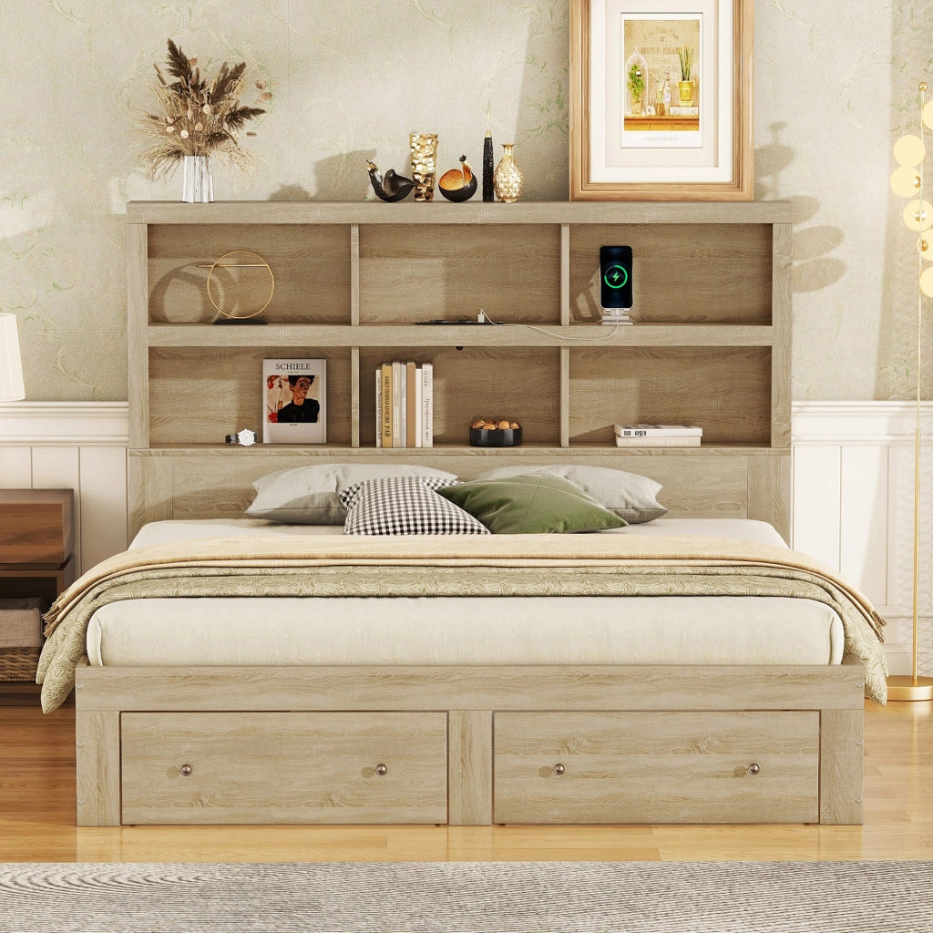 Letto con Cassetti Letto Matrimoniale; USB; 6 Ripiani e 2 Cassetti; 160×200 cm; senza Materasso; Truciolato; Naturale