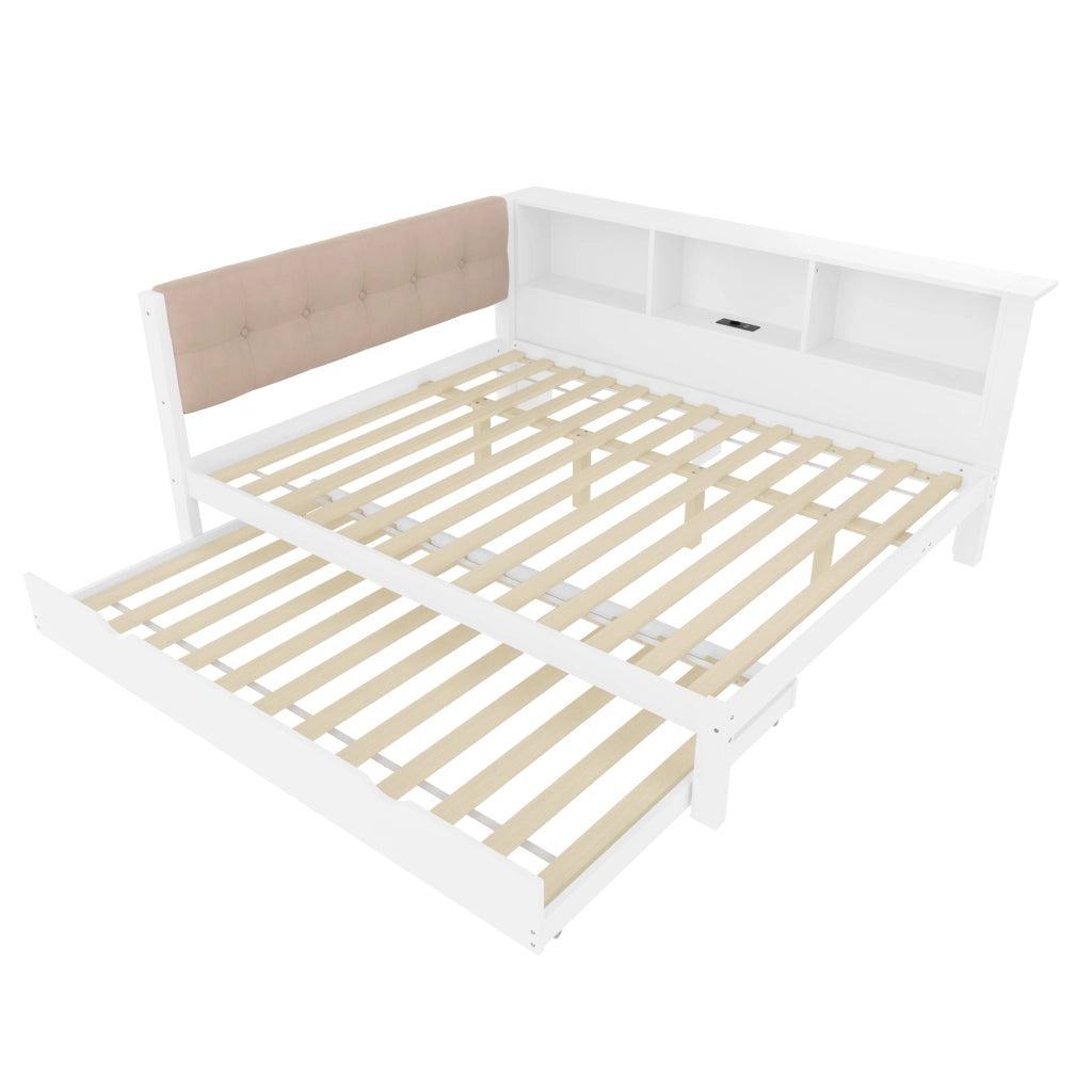 Letto a Divano 140×200 cm con letto estraibile; USB; LED e ripiani; senza materasso; legno massello e MDF; bianco