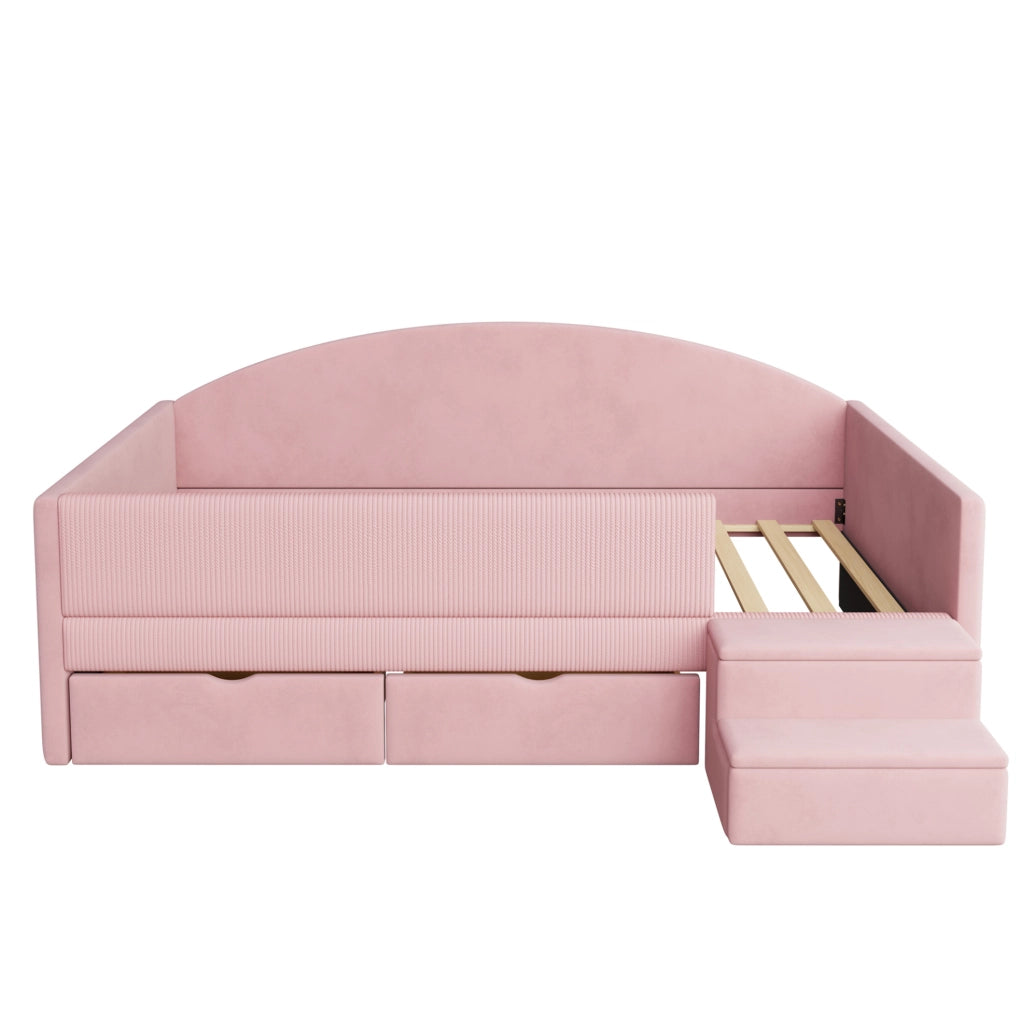 Letto imbottito per bambini 90x190 cm rosa con 2 cassetti, sponde e gradini