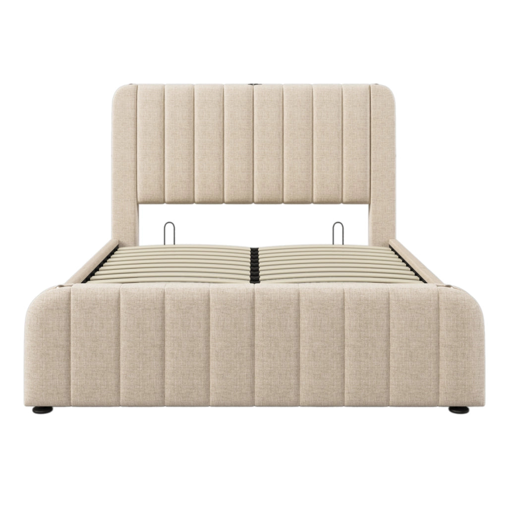 Letto matrimoniale contenitore 160x200 cm con porta USB e USB C; lino beige