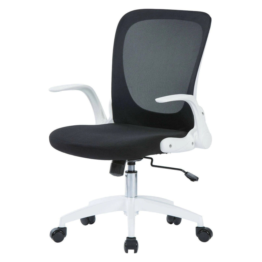 Sedia da ufficio Baschi, Poltrona direzionale a rete con braccioli, Seduta ergonomica con braccioli pieghevoli, 60x59h86/96 cm, Nero e Bianco