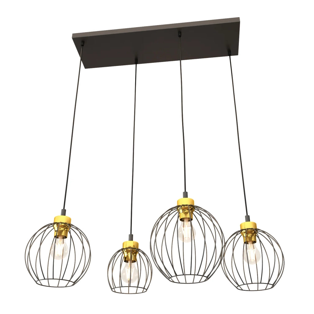 Sospensione Minimal Industrial Hathor 4 Luci Lineari Nera E Oro