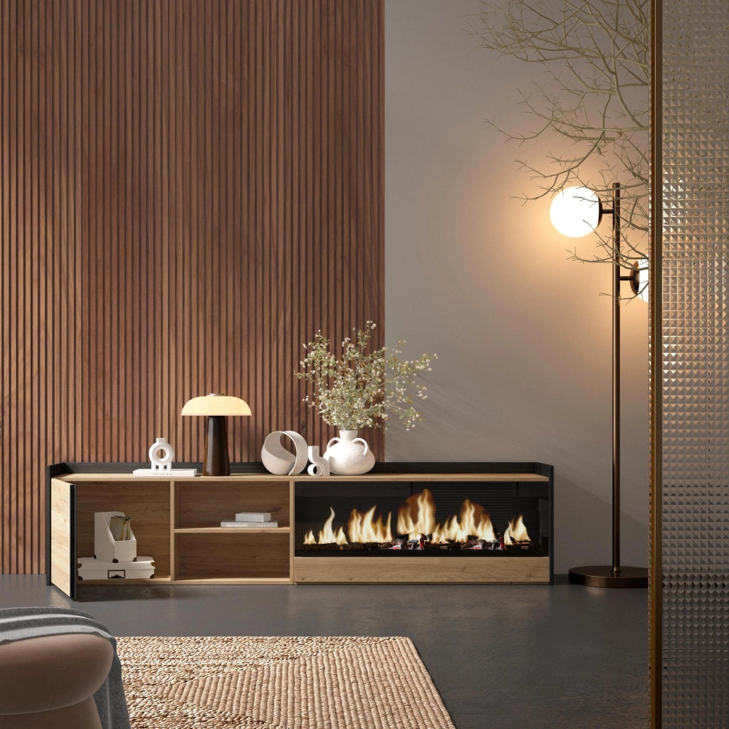 Mobile TV Soggiorno, 212x50x35 cm, Per TV fino a 80", Camino elettrico XXL, Rovere e nero